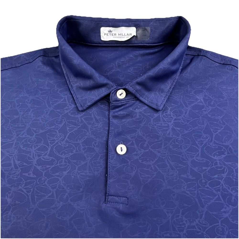 Peter Millar Featherweight Golf Polo Shirt Mens Large Blue Martini Drinks UPF 50